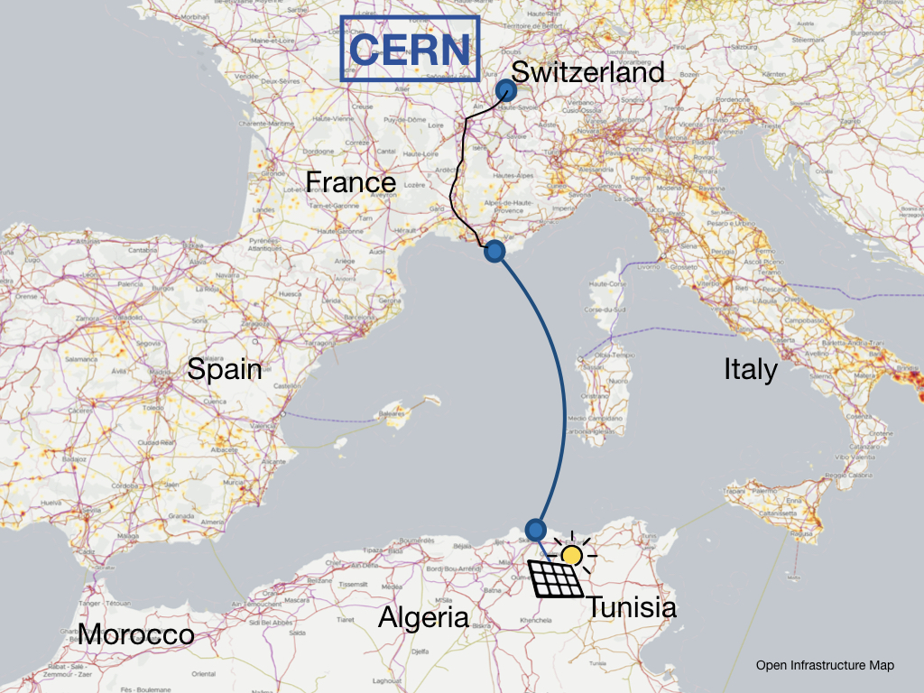 A map showing the area around the mediterranean sea, marking the potential path of a under sea cable from North Africa to CERN.