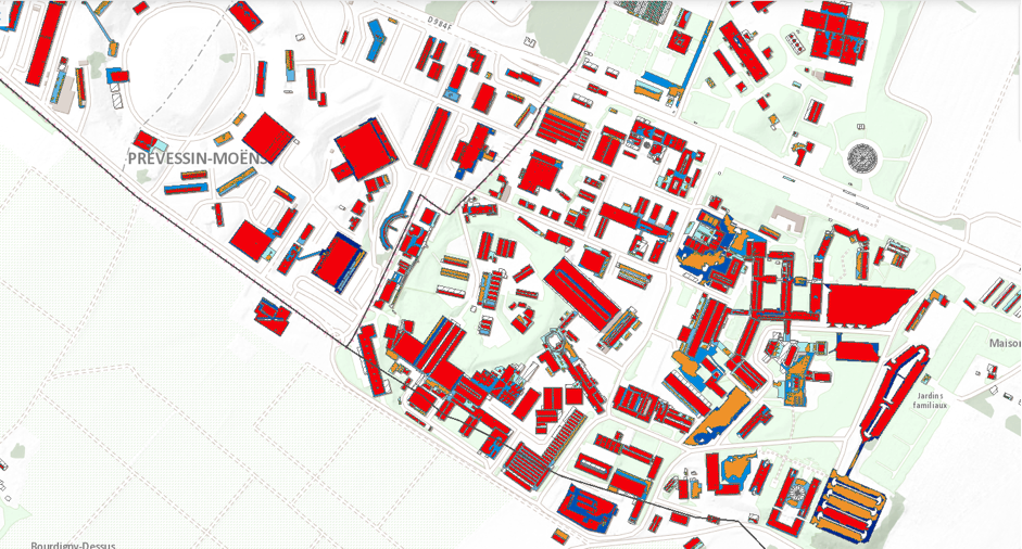 A map of the cern buildings from above, colour coding roofs that are very suitable for solar panels in red, and those that are suitable in yellow. Most of the roofs shown are red, so CERN has much potential to install solar panels.